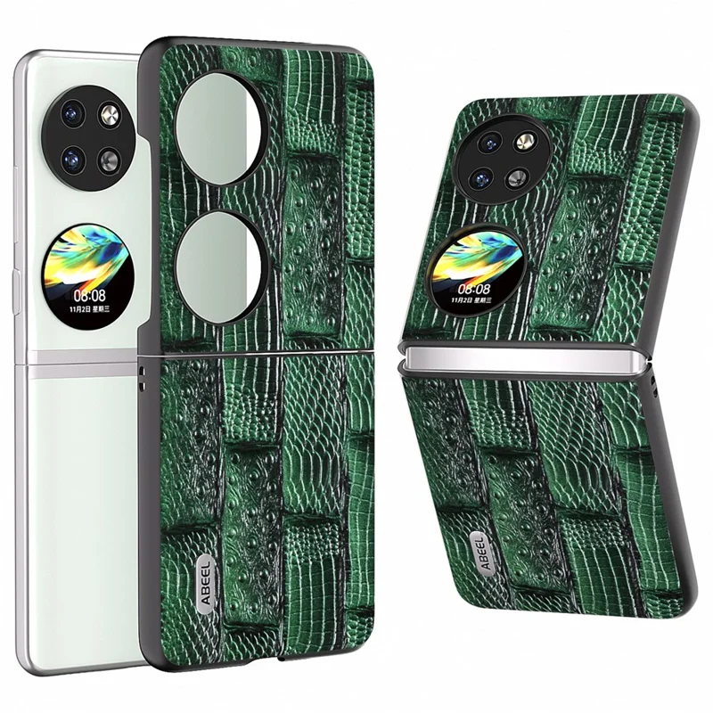 ABEEL For Huawei Pocket 2 Cell Phone Case Folding Mahjong Texture Genuine Cow Leather+PC Cover - Green