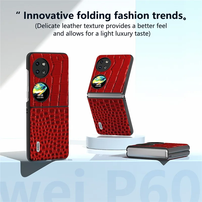 ABEEL For Huawei Pocket 2 Case Genuine Cow Leather+PC Folding Crocodile Texture Back Cover - Red