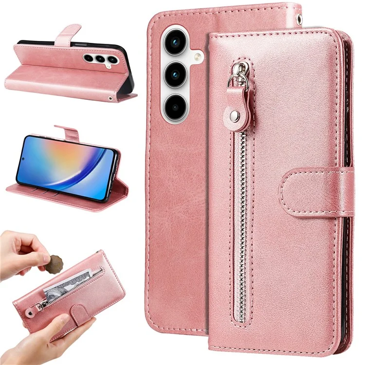 Für Samsung Galaxy A35 5G Ledertasche Kalbsleder Reißverschlussbörse - Pink