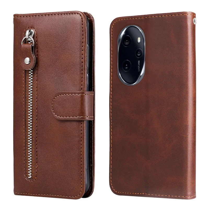 For Honor 100 Pro 5G Calfskin Zipper Case Wallet Leather Phone Cover - Brown