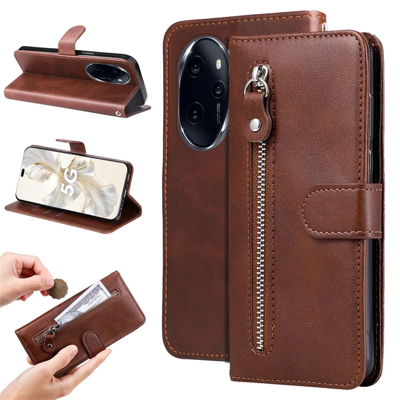 For Honor 100 Pro 5G Calfskin Zipper Case Wallet Leather Phone Cover - Brown