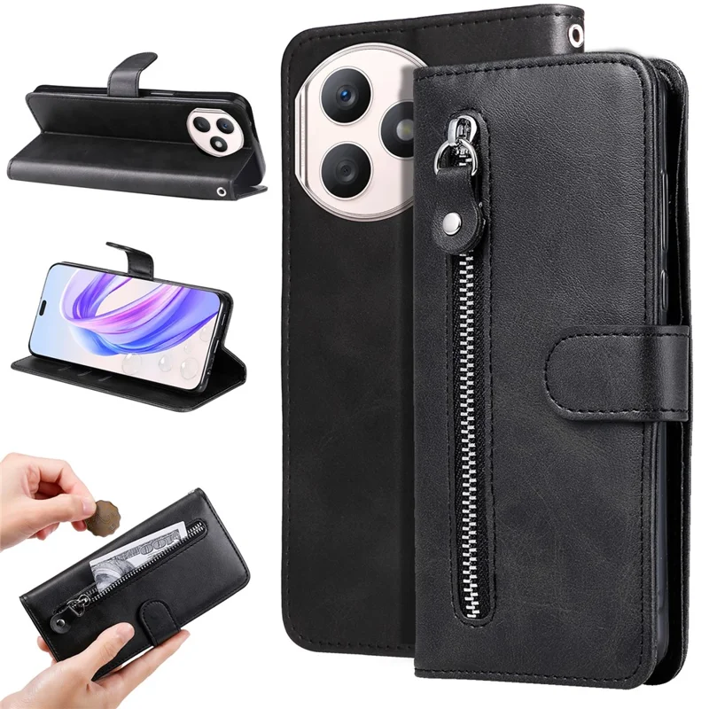 For Honor X50i+ 5G Zipper Leather Case Calf Texture Phone Cover - Black