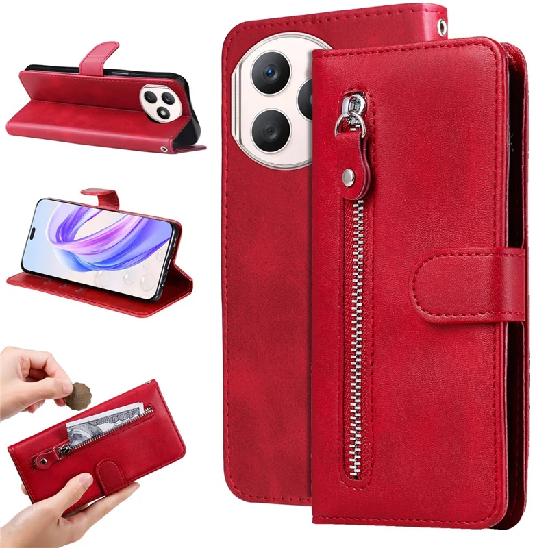 For Honor X50i+ 5G Zipper Leather Case Calf Texture Phone Cover - Red