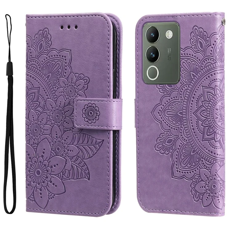 For vivo Y200 (India) 5G / V29e (Global) 5G Case Floral Pattern PU Leather Wallet Stand Phone Cover - Purple