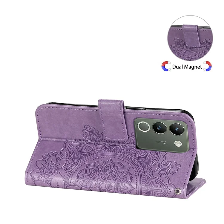 For vivo Y200 (India) 5G / V29e (Global) 5G Case Floral Pattern PU Leather Wallet Stand Phone Cover - Purple