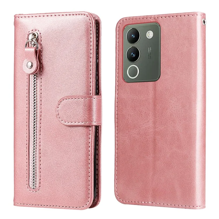 Для vivo Y200 (Индия) 5G / V29e (Глобальный) 5G Zipper Wallet Case Calfskin Leather Cover - Розовый