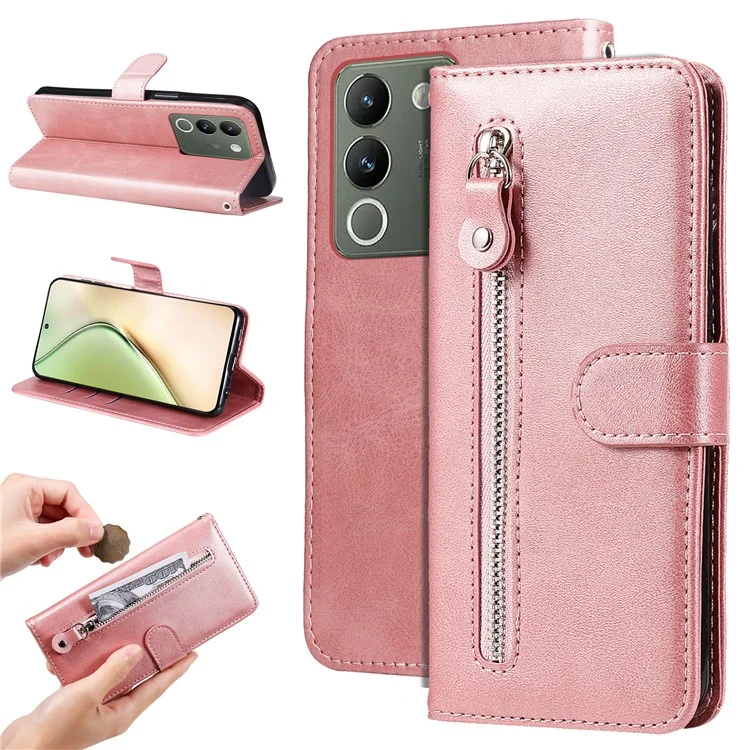Для vivo Y200 (Индия) 5G / V29e (Глобальный) 5G Zipper Wallet Case Calfskin Leather Cover - Розовый