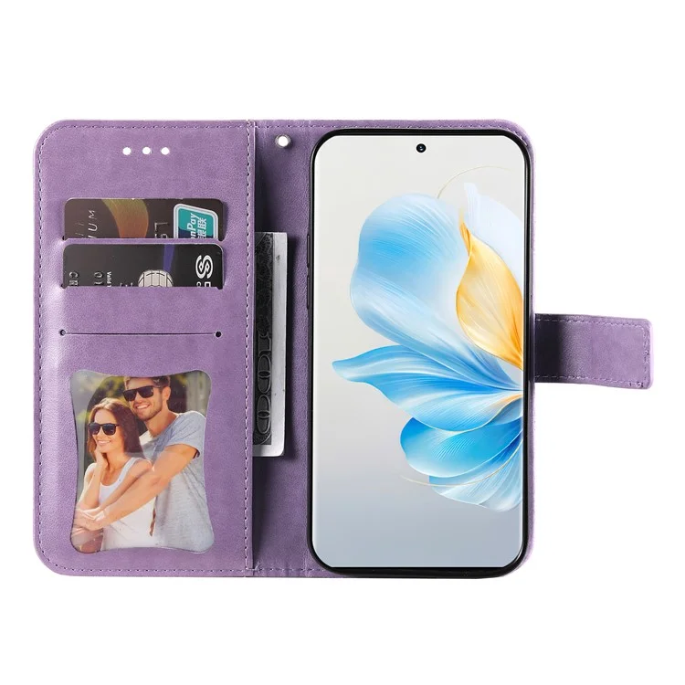 For Honor 100 5G Case Floral Pattern PU Leather Wallet Stand Phone Cover - Purple