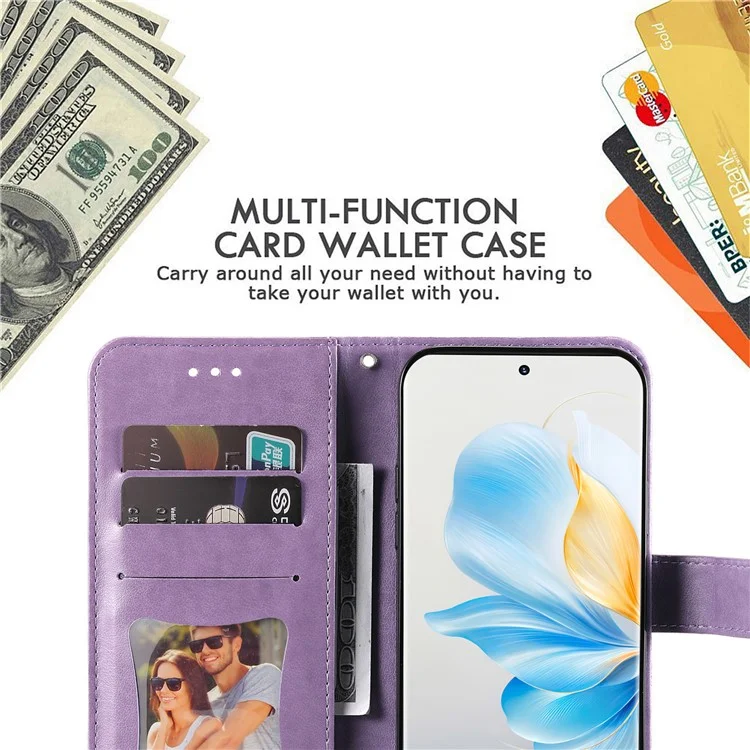 For Honor 100 5G Case Floral Pattern PU Leather Wallet Stand Phone Cover - Purple