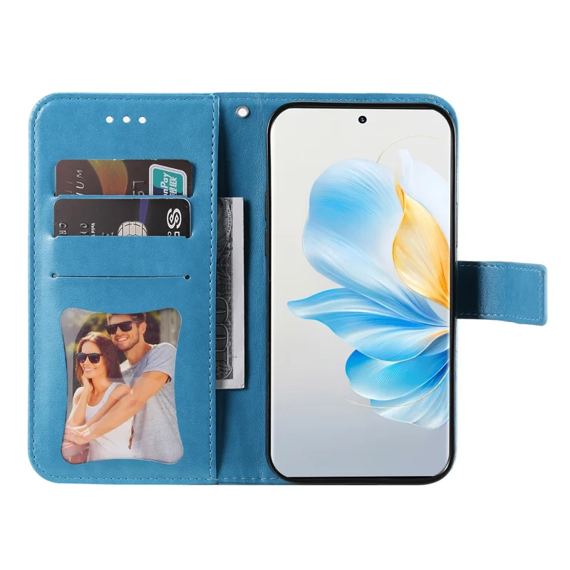 For Honor 100 5G Case Floral Pattern PU Leather Wallet Stand Phone Cover - Blue