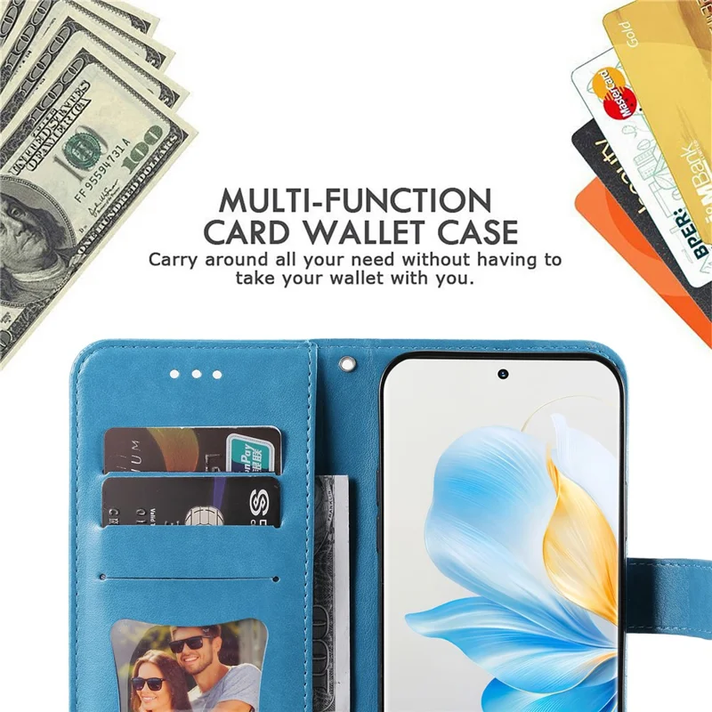 For Honor 100 5G Case Floral Pattern PU Leather Wallet Stand Phone Cover - Blue