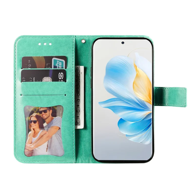 For Honor 100 5G Etui Blomstermønster PU Læder Wallet Ståfunktion Telefonbeslag - Grøn