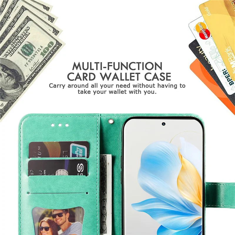 For Honor 100 5G Etui Blomstermønster PU Læder Wallet Ståfunktion Telefonbeslag - Grøn