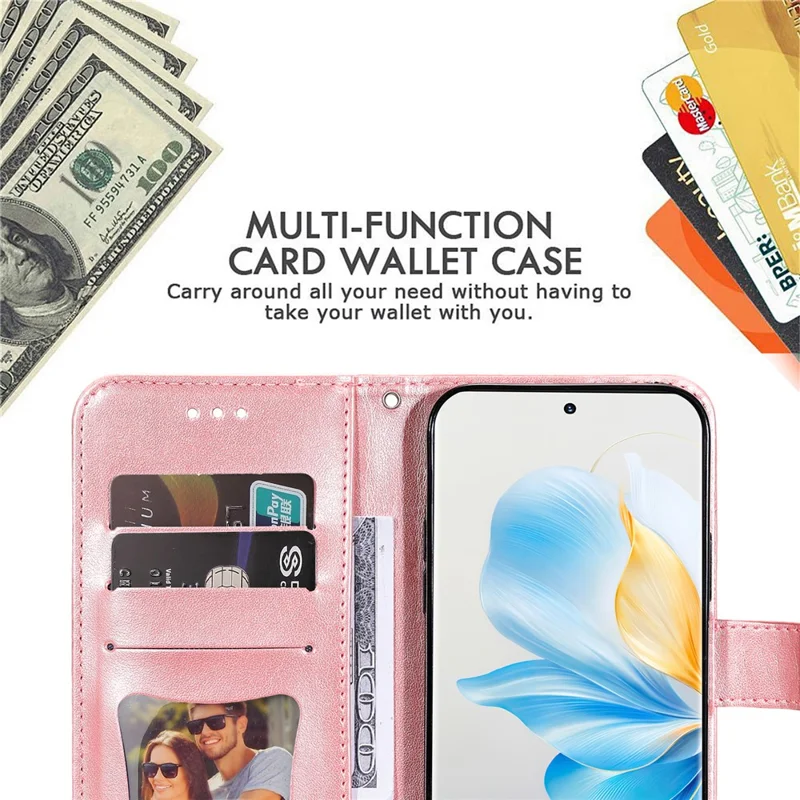 Cover per Honor 100 5G con Fiori, Portafoglio in PU, Supporto, Rosa