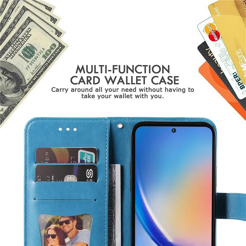For Samsung Galaxy A35 5G Case Floral Pattern PU Leather Wallet Stand Phone Cover - Blue