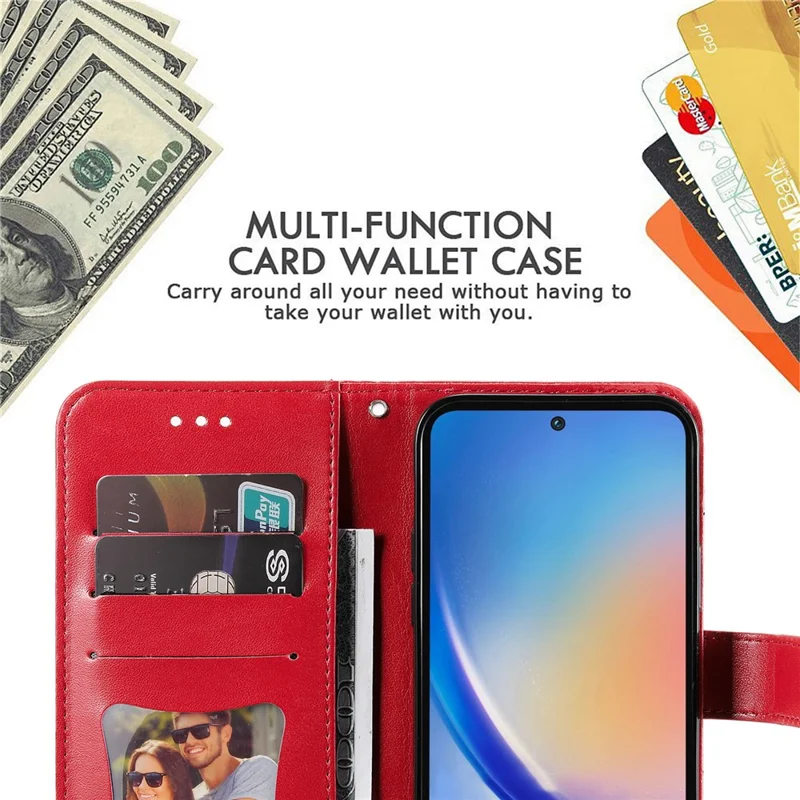 For Samsung Galaxy A35 5G Case Floral Pattern PU Leather Wallet Stand Phone Cover - Red