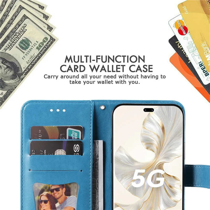 For Honor 100 Pro 5G Case Floral Pattern PU Leather Wallet Stand Phone Cover - Blue