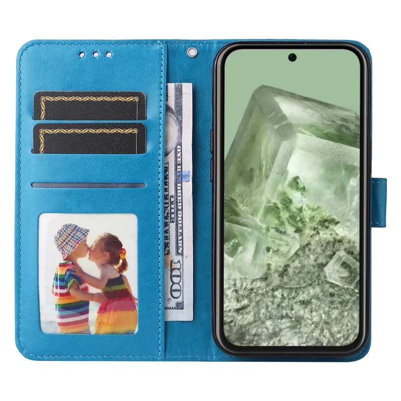 Für Google Pixel 8a Schutzhülle mit Handgelenkriemen Sonnenblumenmuster Ledertelefon-Cover - Blau