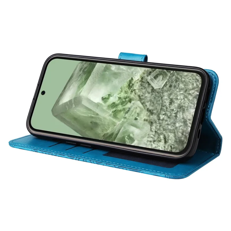 Für Google Pixel 8a Schutzhülle mit Handgelenkriemen Sonnenblumenmuster Ledertelefon-Cover - Blau