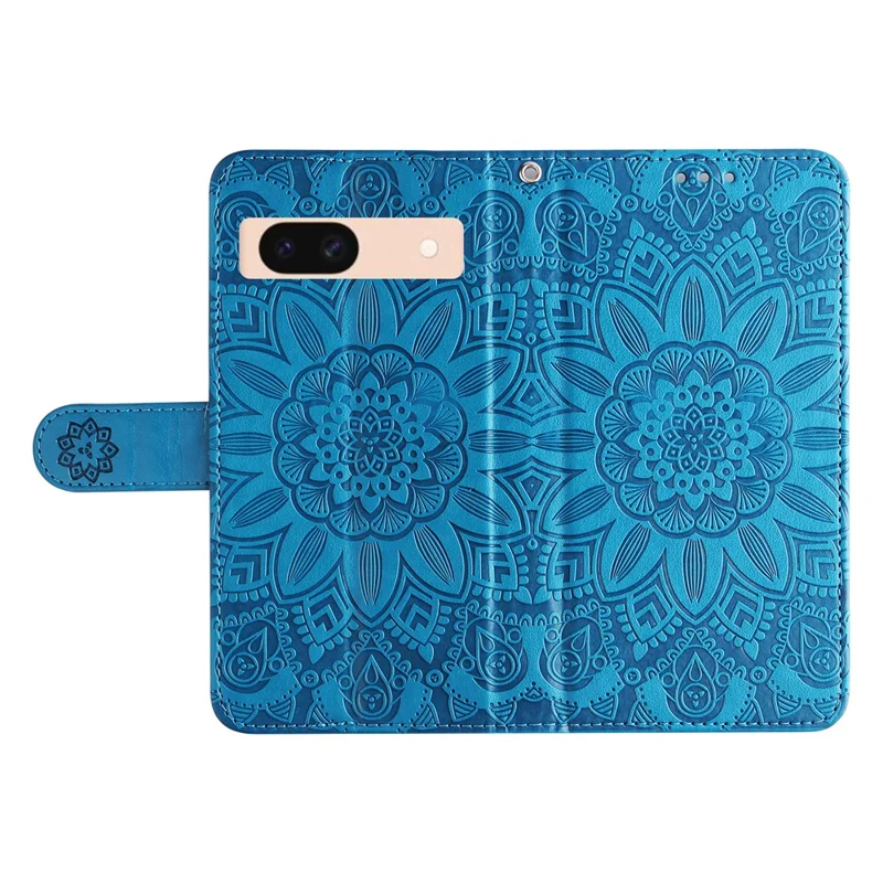 Für Google Pixel 8a Schutzhülle mit Handgelenkriemen Sonnenblumenmuster Ledertelefon-Cover - Blau