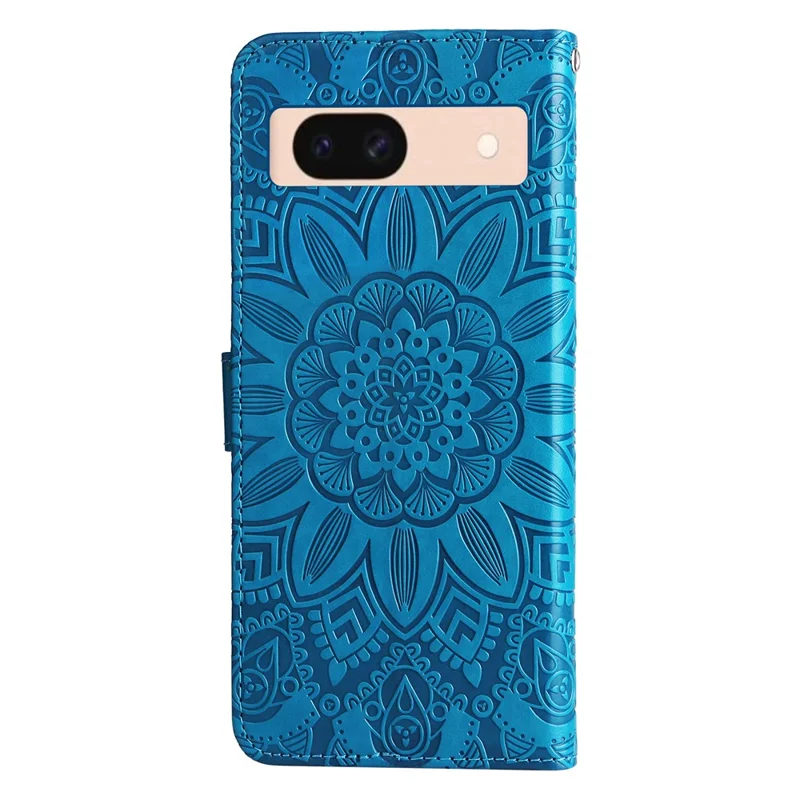 Für Google Pixel 8a Schutzhülle mit Handgelenkriemen Sonnenblumenmuster Ledertelefon-Cover - Blau
