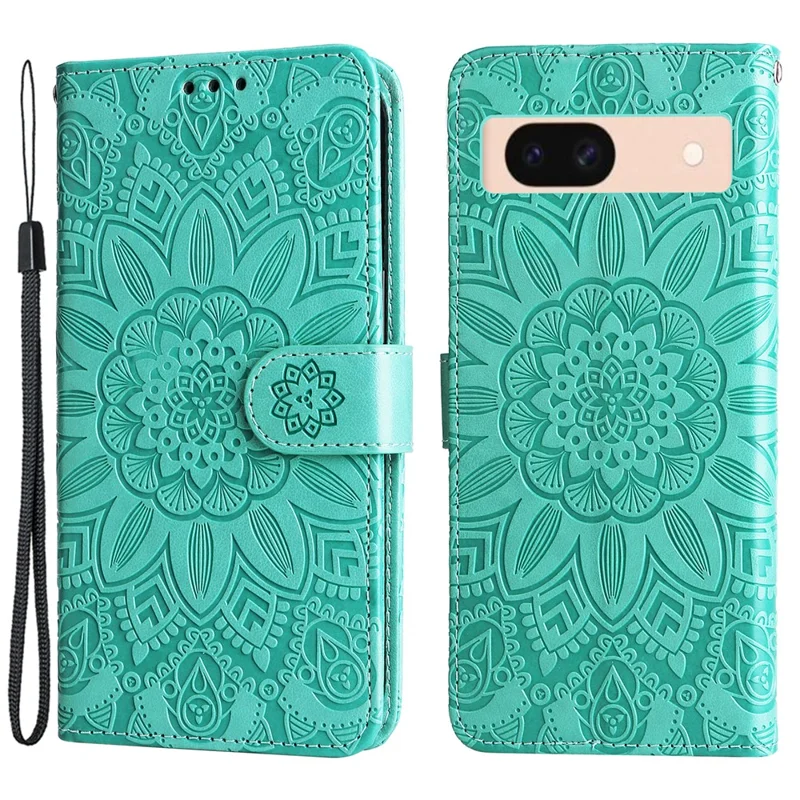 Beschermhoes voor Google Pixel 8a met Polsbandje en Zonnebloempatroon in Leren Uitvoering - Groen