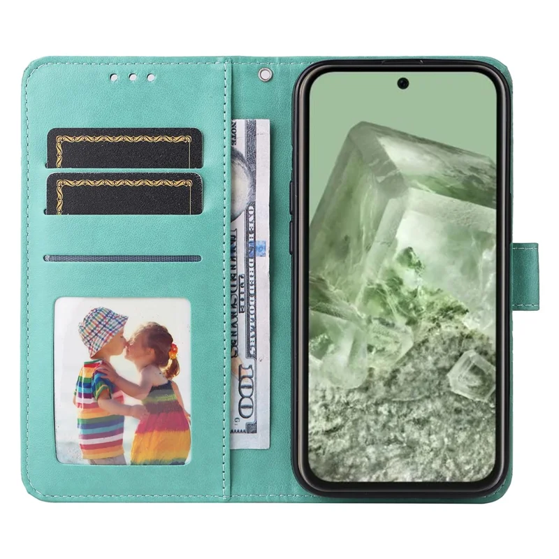 Beschermhoes voor Google Pixel 8a met Polsbandje en Zonnebloempatroon in Leren Uitvoering - Groen