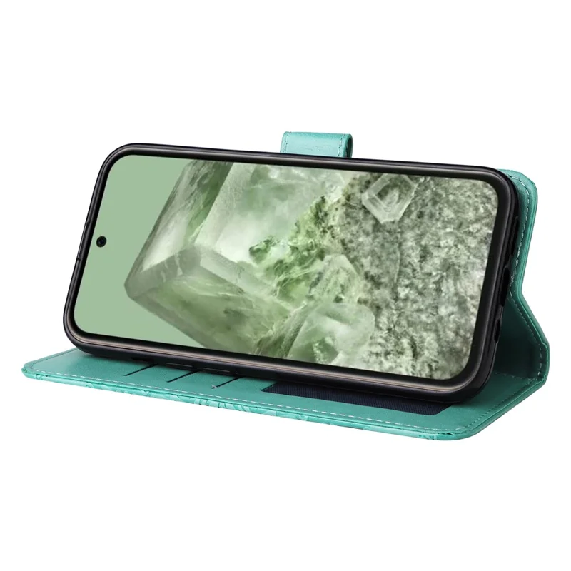 Beschermhoes voor Google Pixel 8a met Polsbandje en Zonnebloempatroon in Leren Uitvoering - Groen