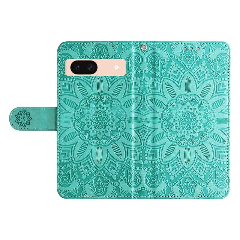 Beschermhoes voor Google Pixel 8a met Polsbandje en Zonnebloempatroon in Leren Uitvoering - Groen