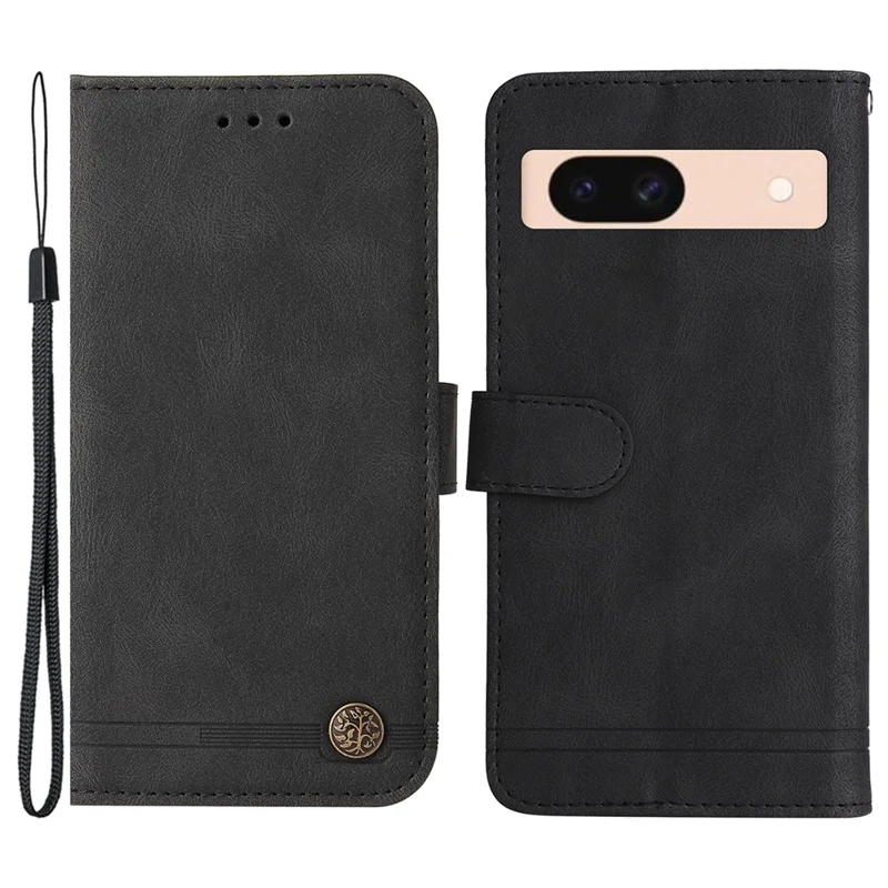 For Google Pixel 8a Leather Wallet Cases Skin Touch Phone Cover Stand with Strap - Black