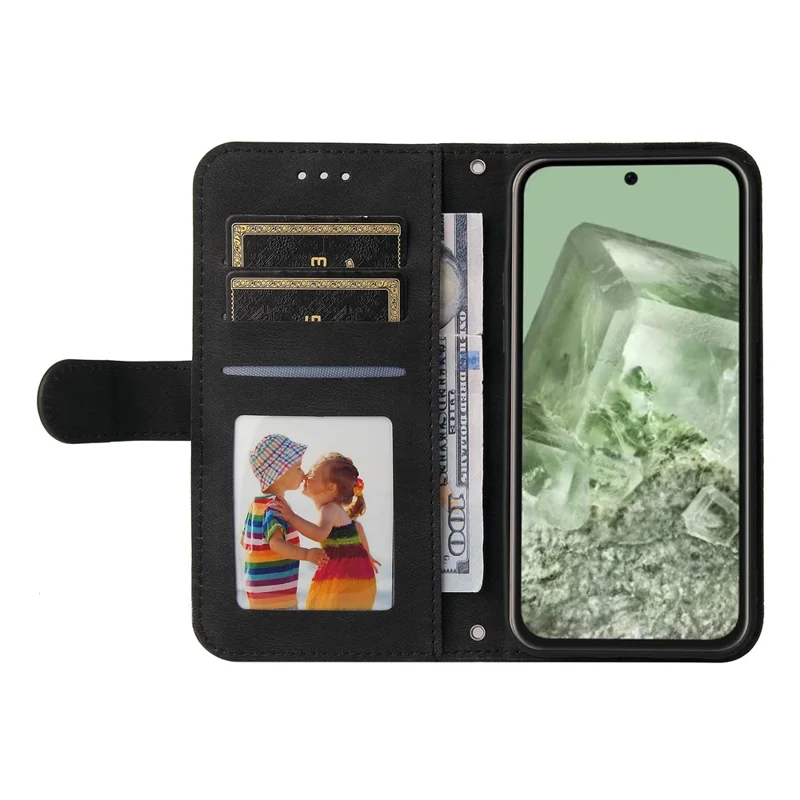 For Google Pixel 8a Leather Wallet Cases Skin Touch Phone Cover Stand with Strap - Black