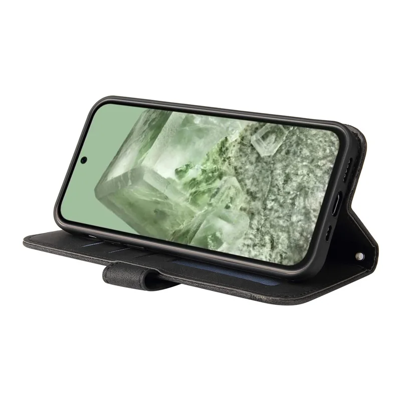 For Google Pixel 8a Leather Wallet Cases Skin Touch Phone Cover Stand with Strap - Black