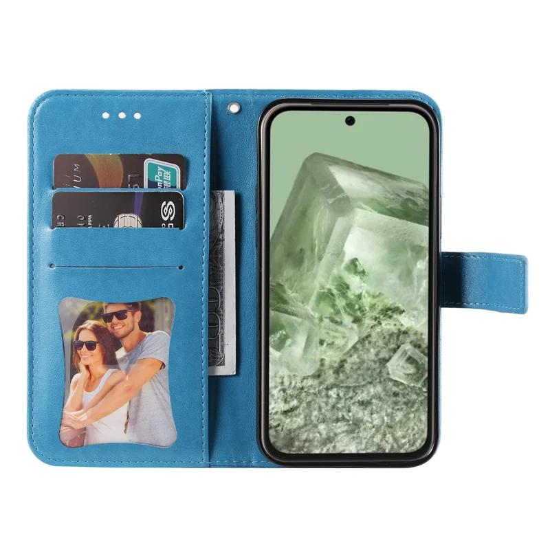 Чехол для Google Pixel 8a с цветочным узором, из искусственной кожи с отделением для карт и подставкой - Синий