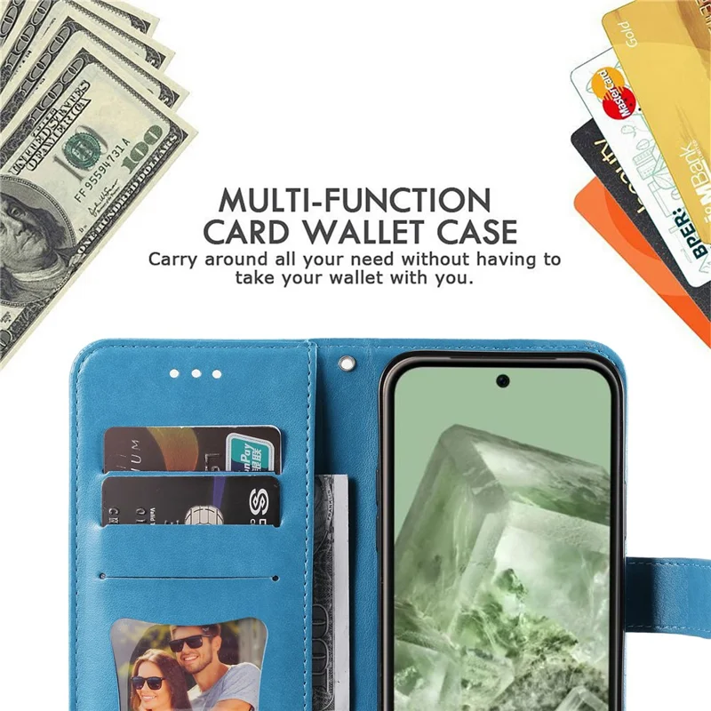 Чехол для Google Pixel 8a с цветочным узором, из искусственной кожи с отделением для карт и подставкой - Синий