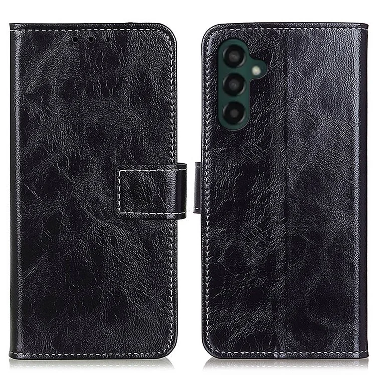 Vintage Crazy Horse Textur Hülle für Samsung Galaxy A55 5G Magnetische PU-Leder-Ständer-Abdeckung - Schwarz