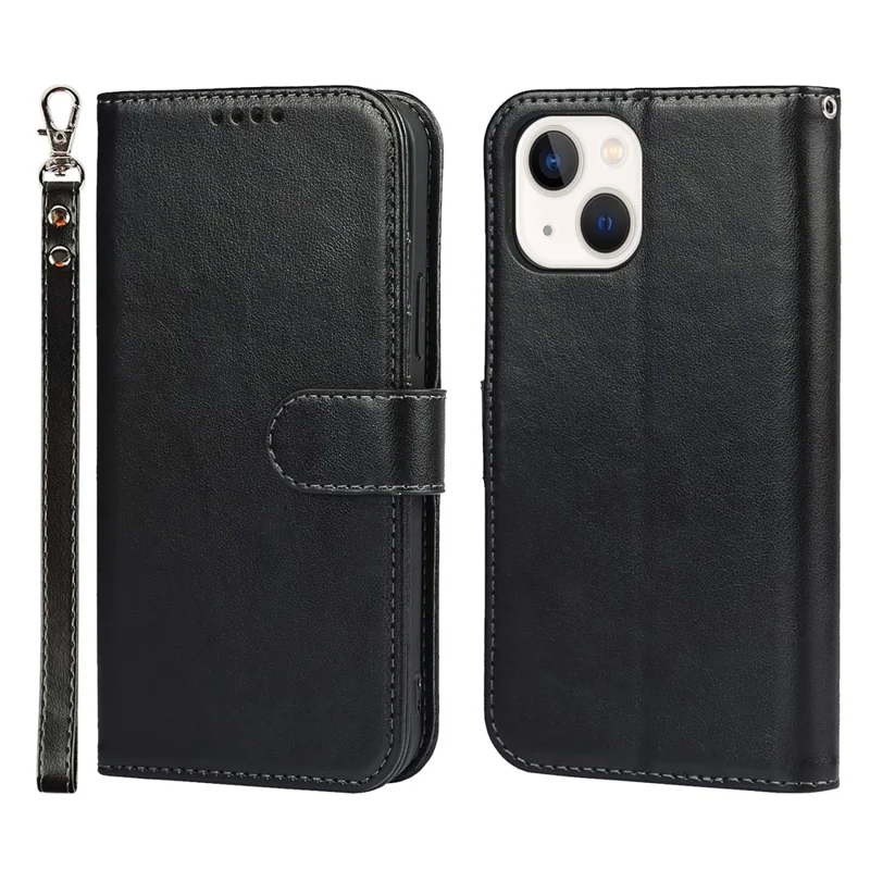For iPhone 15 Cell Phone Case R61 Texture Felled Seam Flip Cover with Stand Wallet - Black