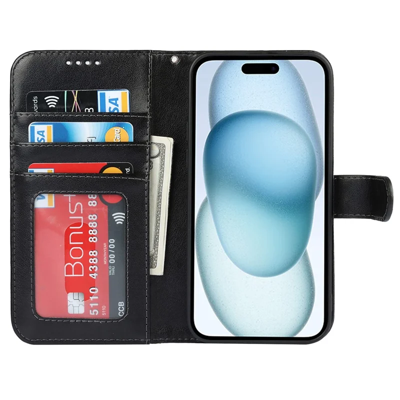 For iPhone 15 Cell Phone Case R61 Texture Felled Seam Flip Cover with Stand Wallet - Black