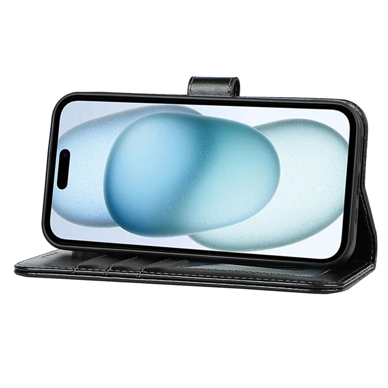 For iPhone 15 Cell Phone Case R61 Texture Felled Seam Flip Cover with Stand Wallet - Black