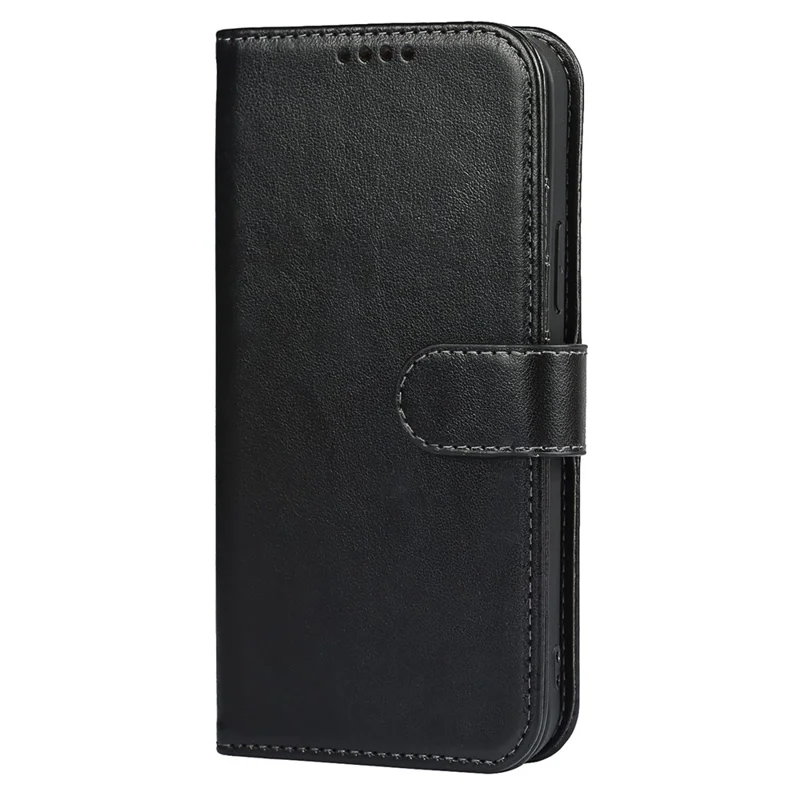 For iPhone 15 Cell Phone Case R61 Texture Felled Seam Flip Cover with Stand Wallet - Black