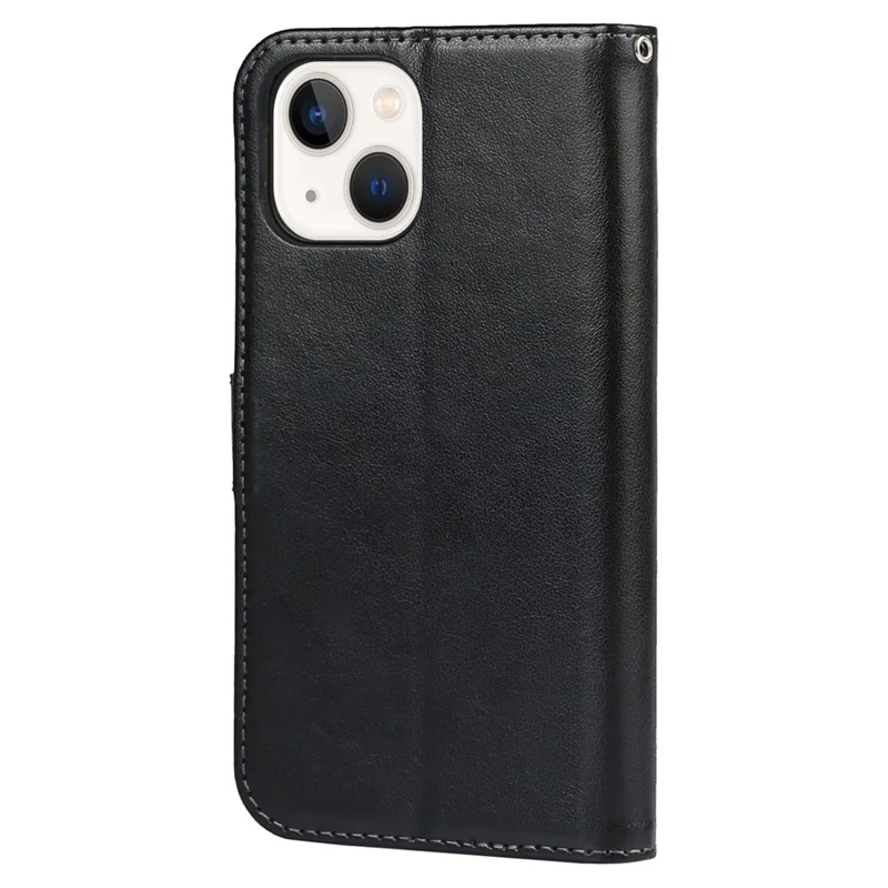 For iPhone 15 Cell Phone Case R61 Texture Felled Seam Flip Cover with Stand Wallet - Black