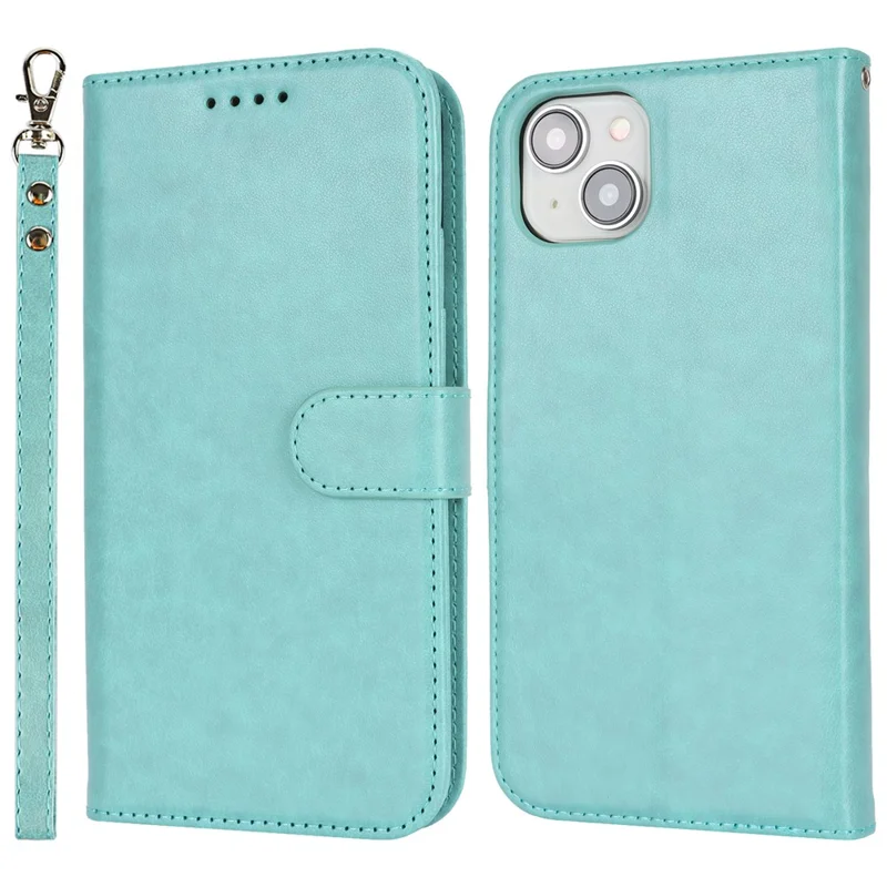 For iPhone 15 Cell Phone Case R61 Texture Felled Seam Flip Cover with Stand Wallet - Light Green
