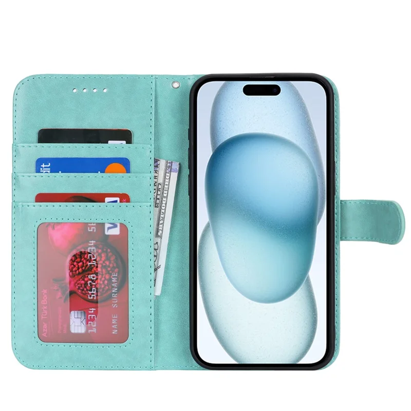 For iPhone 15 Cell Phone Case R61 Texture Felled Seam Flip Cover with Stand Wallet - Light Green