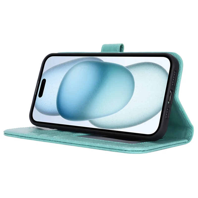 For iPhone 15 Cell Phone Case R61 Texture Felled Seam Flip Cover with Stand Wallet - Light Green