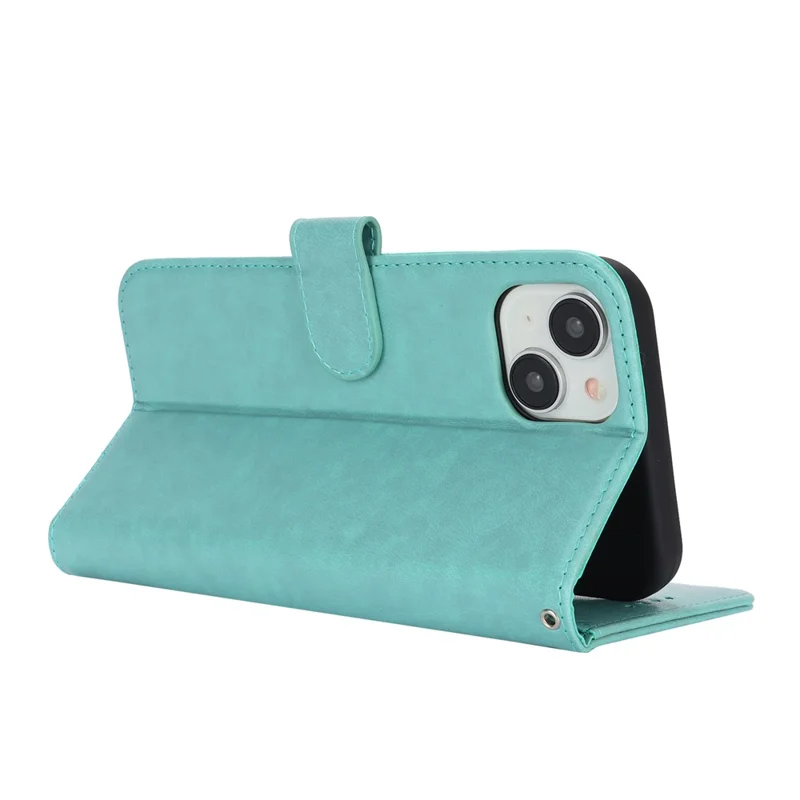 For iPhone 15 Cell Phone Case R61 Texture Felled Seam Flip Cover with Stand Wallet - Light Green