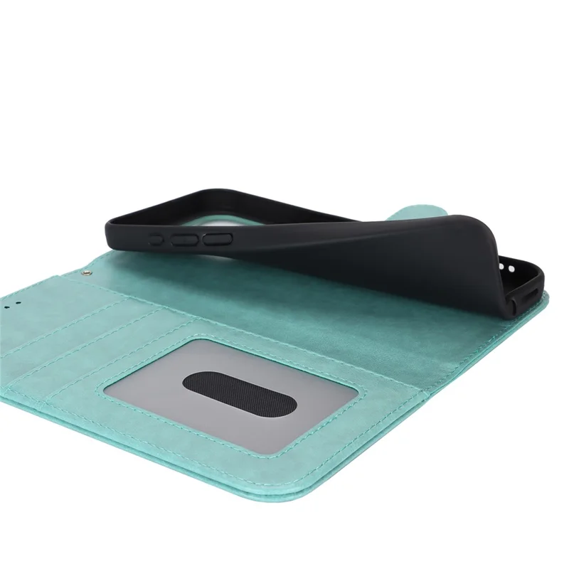 For iPhone 15 Cell Phone Case R61 Texture Felled Seam Flip Cover with Stand Wallet - Light Green