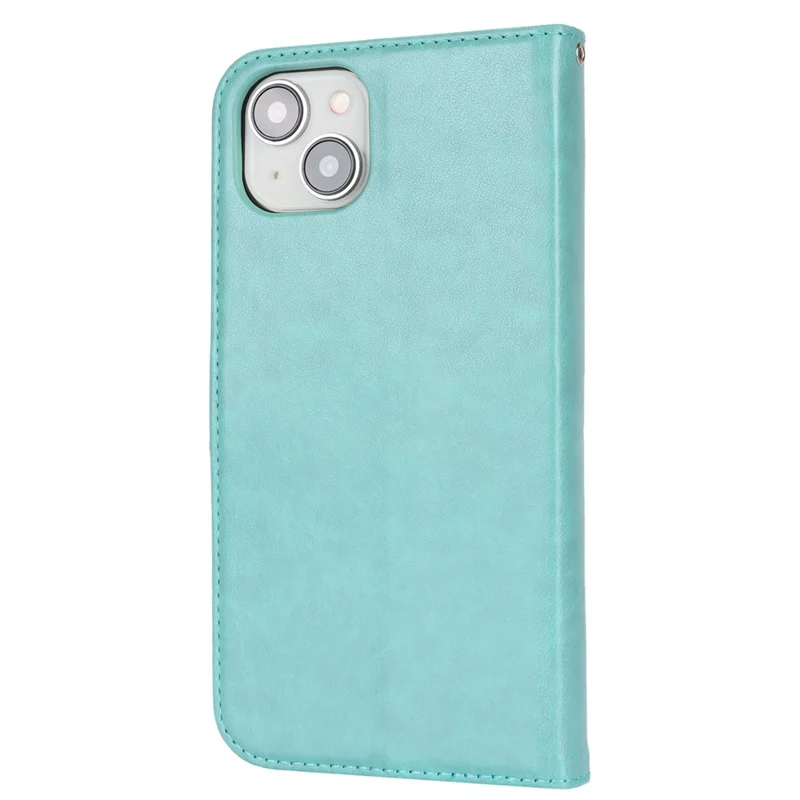 For iPhone 15 Cell Phone Case R61 Texture Felled Seam Flip Cover with Stand Wallet - Light Green