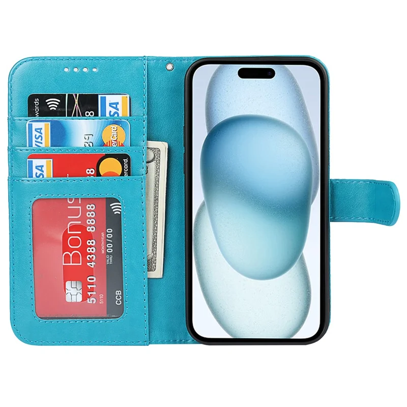For iPhone 15 Cell Phone Case R61 Texture Felled Seam Flip Cover with Stand Wallet - Blue