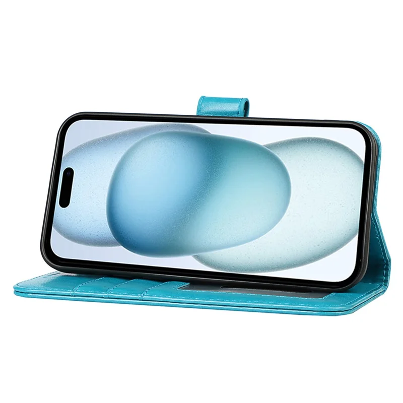 For iPhone 15 Cell Phone Case R61 Texture Felled Seam Flip Cover with Stand Wallet - Blue