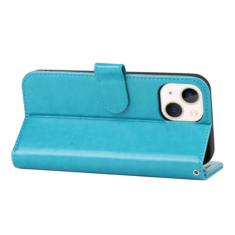 For iPhone 15 Cell Phone Case R61 Texture Felled Seam Flip Cover with Stand Wallet - Blue