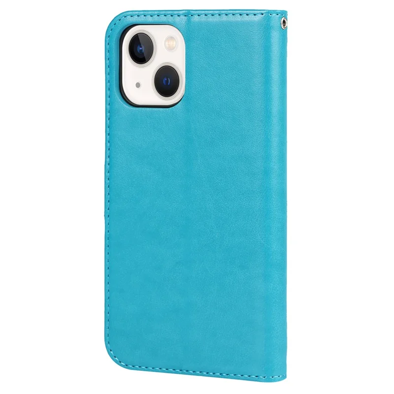 For iPhone 15 Cell Phone Case R61 Texture Felled Seam Flip Cover with Stand Wallet - Blue